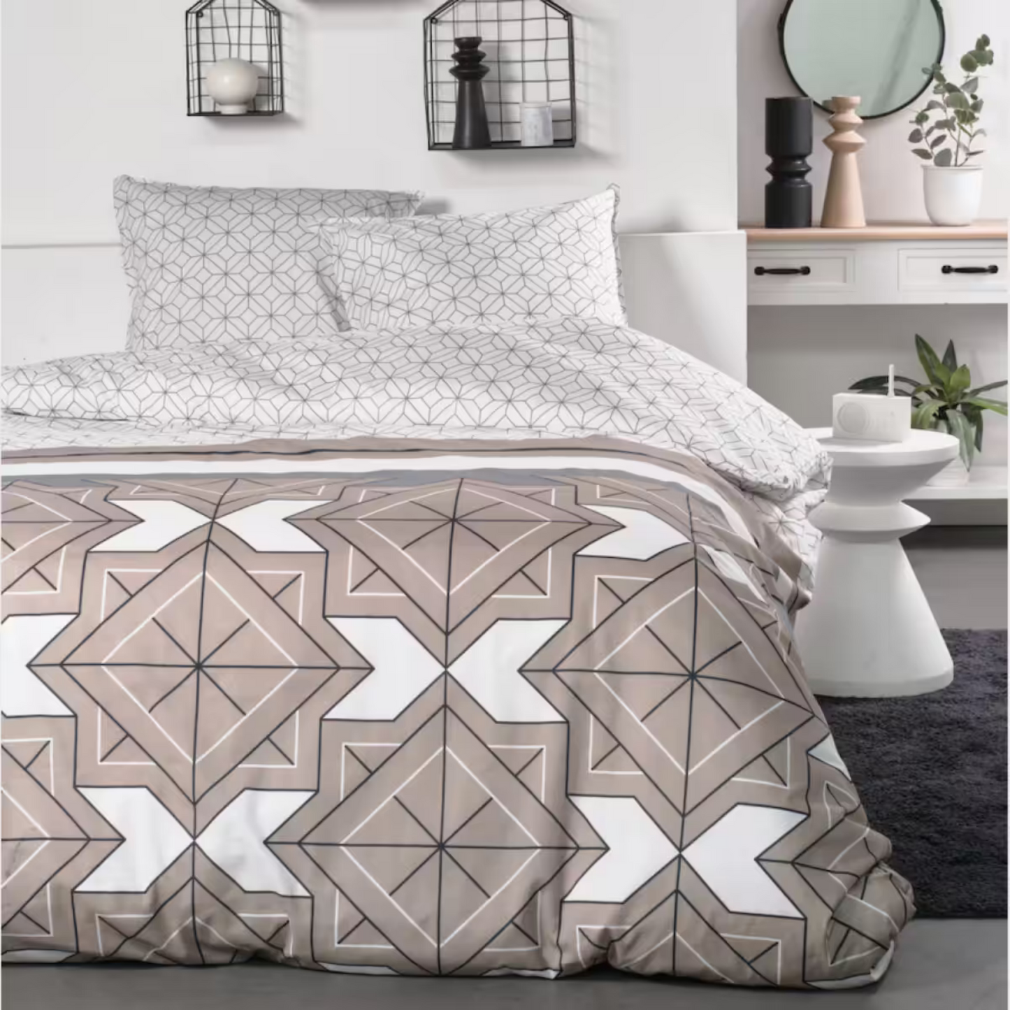 Copripiumino Sisu fantasia geometrica bianco e tortora double face