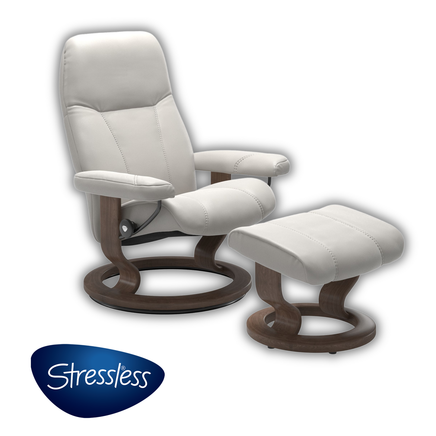 Poltrona Consul + pouf Stressless in pelle bianca e base in legno