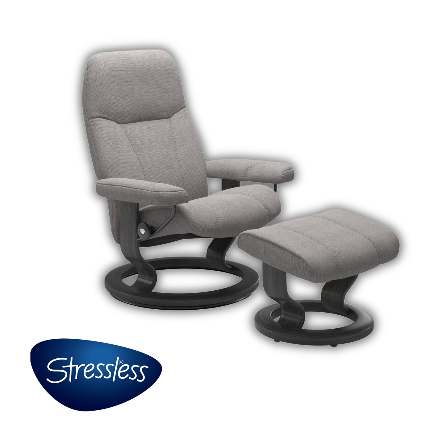 Poltrona Consul + pouf Stressless in tessuto grigia con base in legno