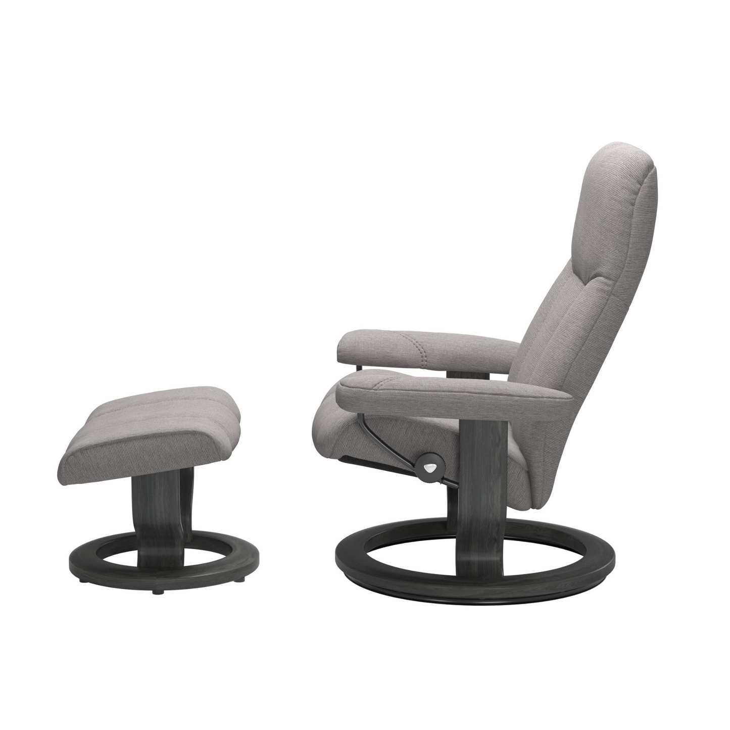 Poltrona Consul + pouf Stressless in tessuto grigia con base in legno - foto lato sinistro