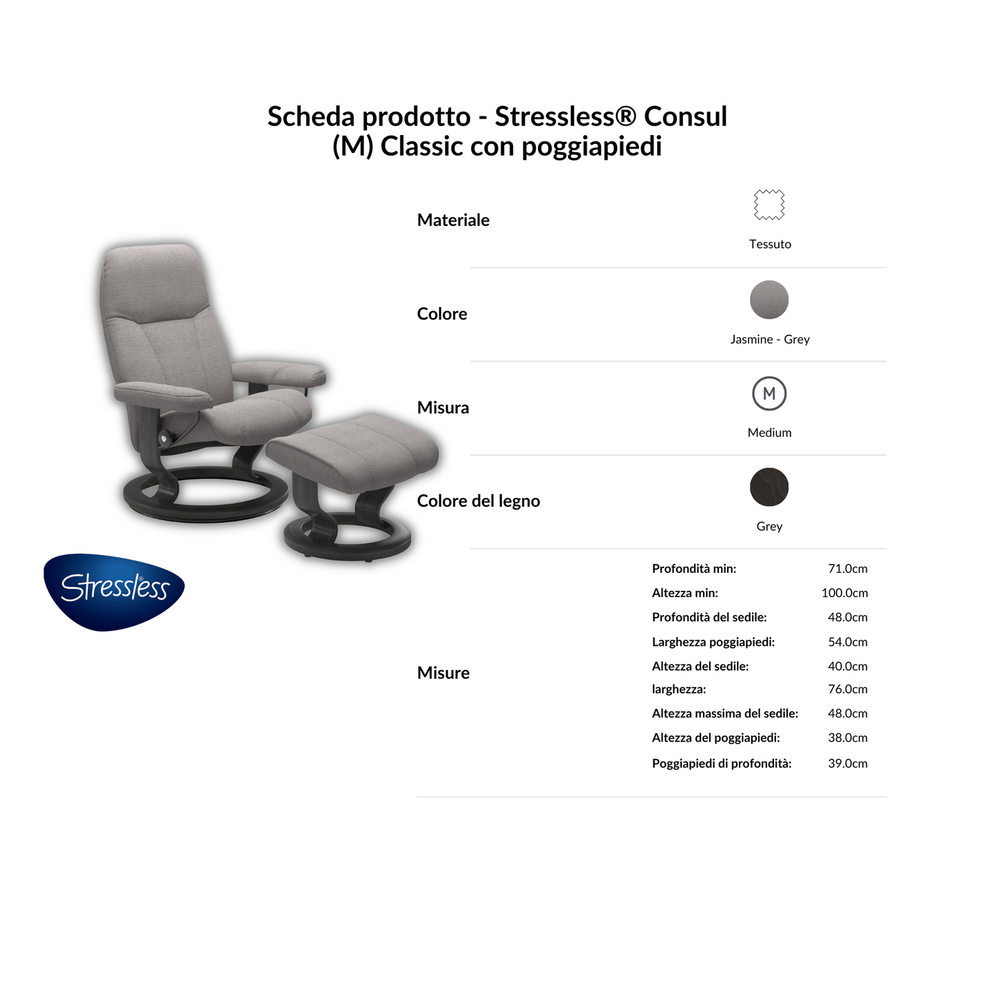 Poltrona Consul + pouf Stressless in tessuto grigia con base in legno - scheda tecnica