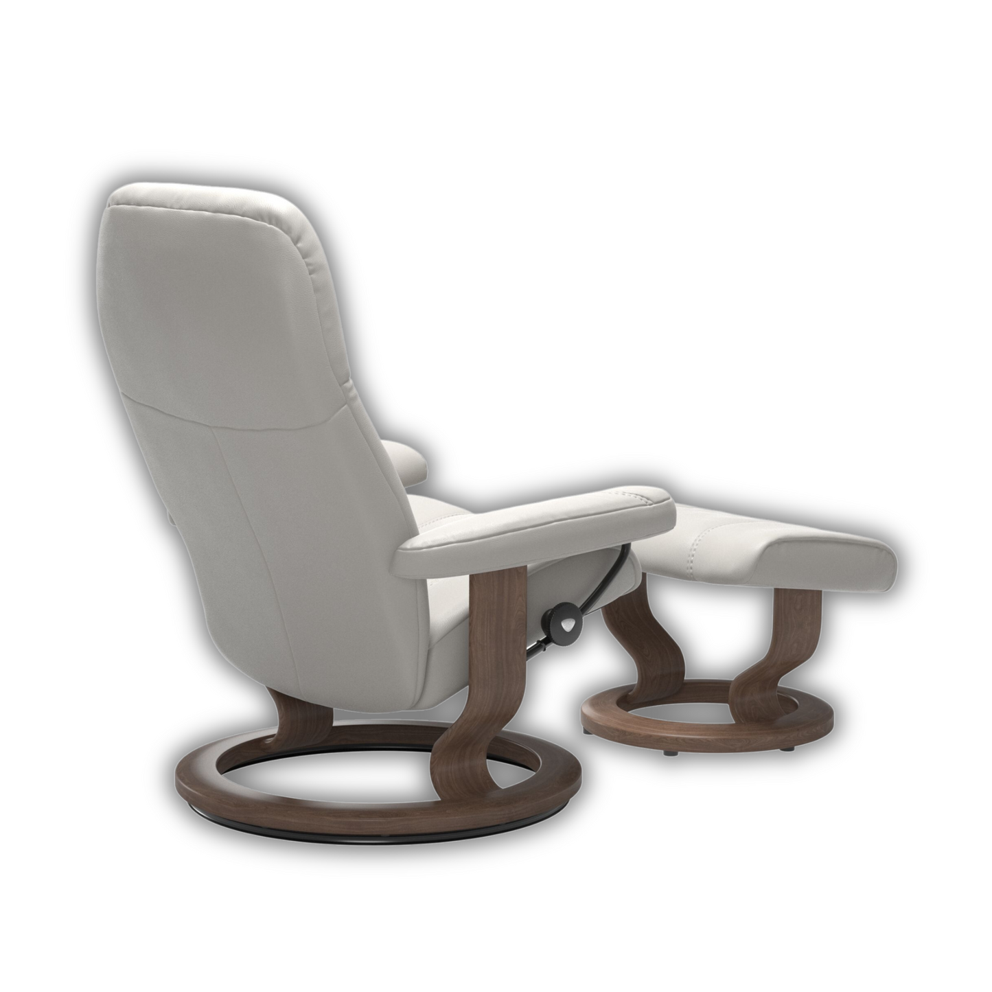 Poltrona Consul + pouf Stressless in pelle bianca e base in legno retro