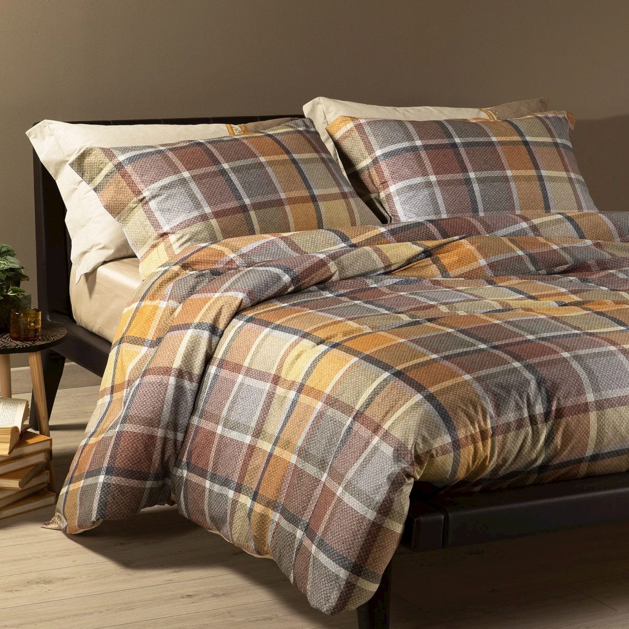 Set Copripiumino Super King Size SAPHREAS A Quadri Grigi, 100% Cotone Biologico, 200 Fili, Con 2 Federe