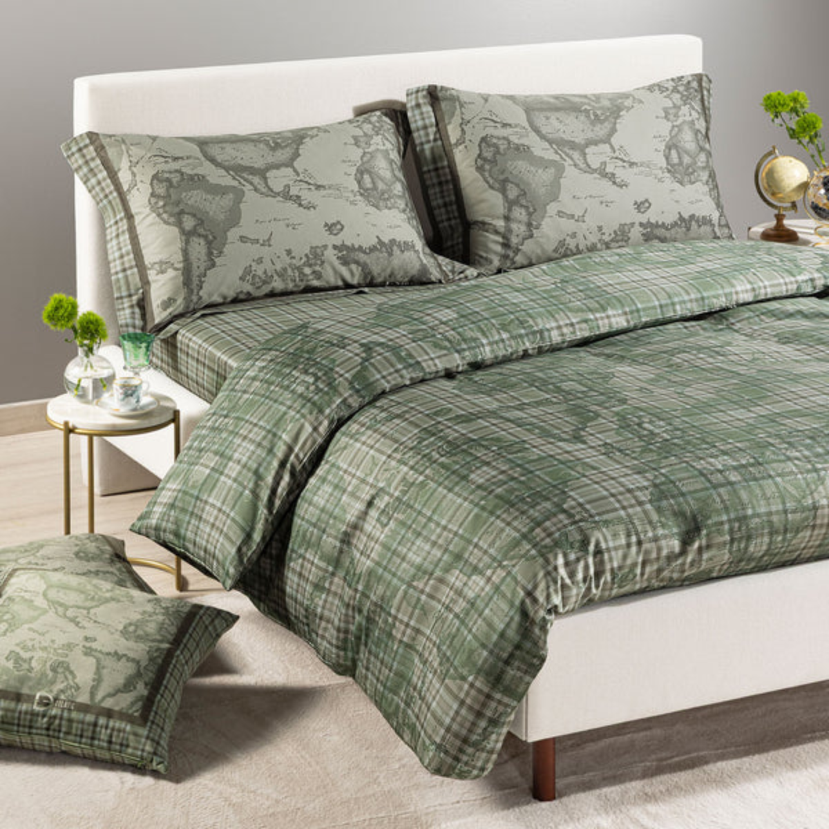 Completo Copripiumino Geo Tartan Green in Raso di Puro Cotone