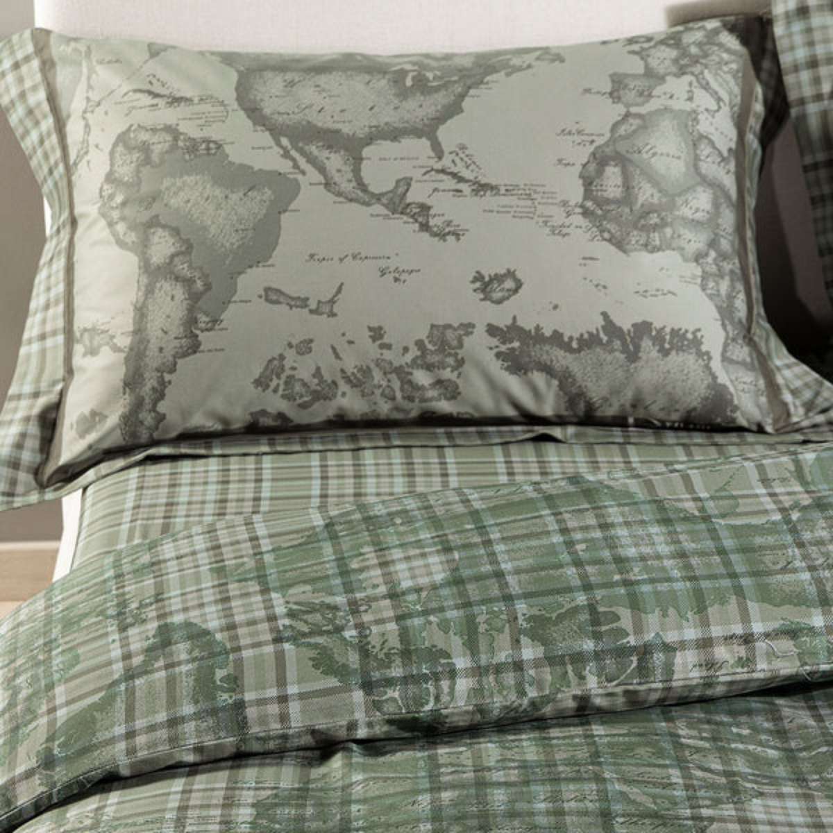 Completo Copripiumino Geo Tartan Green in Raso di Puro Cotone