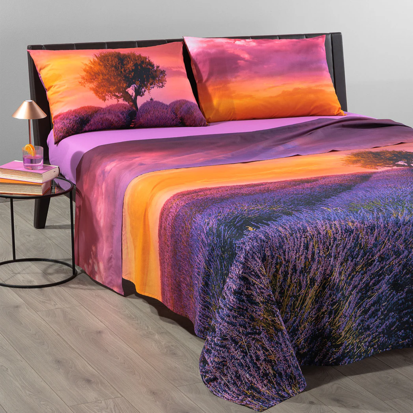 Completo Lenzuola Copriletto Lavanda Sunset Sogni di viaggio 100% Cotone