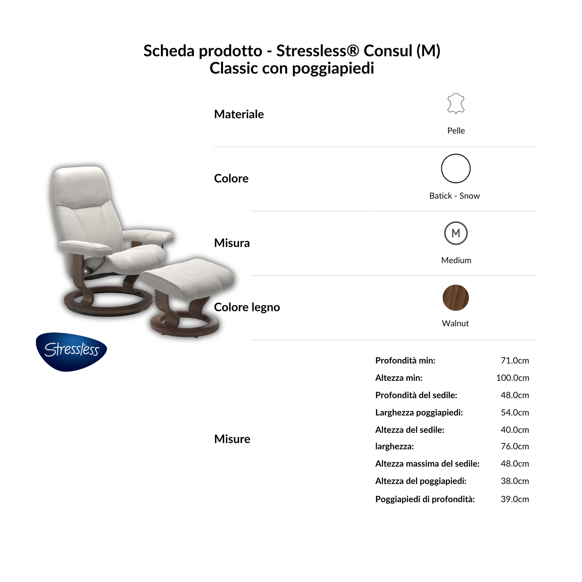 Poltrona Consul + pouf Stressless in pelle bianca e base in legno - scheda tecnica